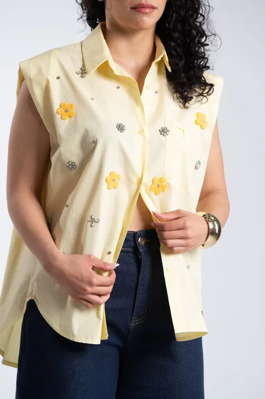 Sleeveless Cotton Shirt Rhinestone Flowers 