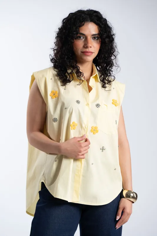 Πουκάμισο Αμάνικο Βαμβακερό Στρας Λουλούδια