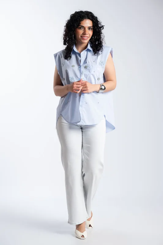 Sleeveless Cotton Shirt Rhinestone Flowers 