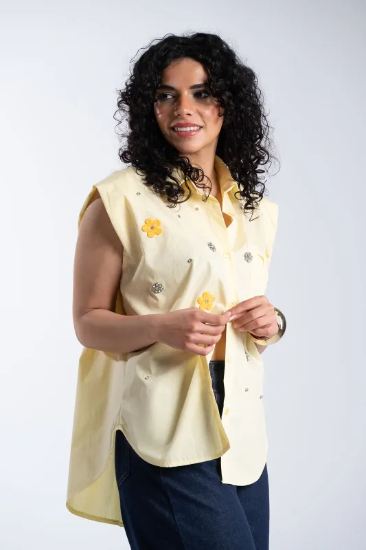 Sleeveless Cotton Shirt Rhinestone Flowers 