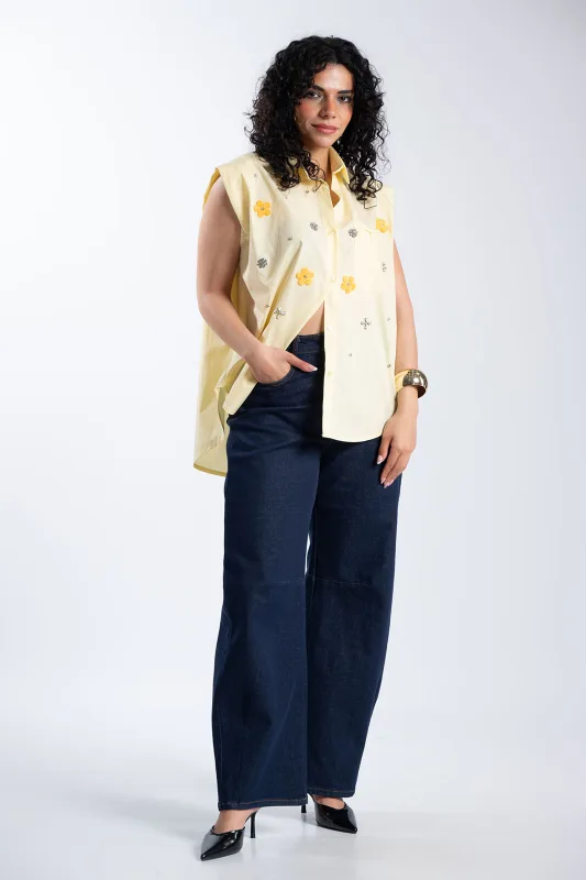 Sleeveless Cotton Shirt Rhinestone Flowers 