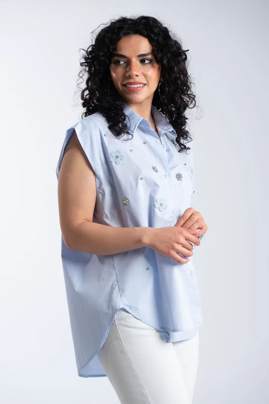 Sleeveless Cotton Shirt Rhinestone Flowers 