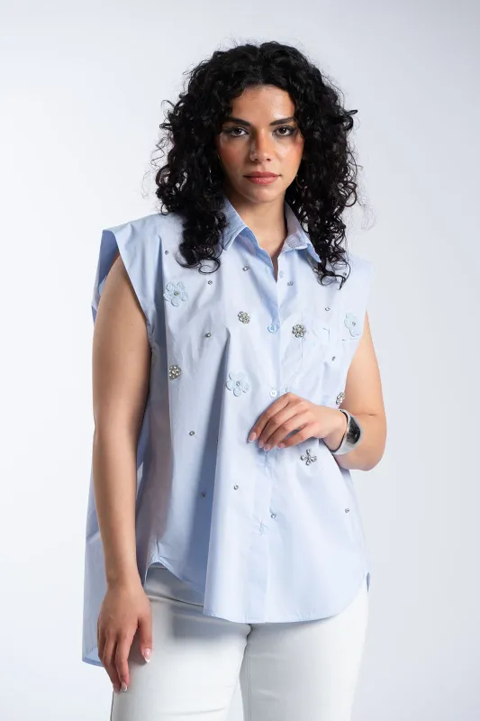 Πουκάμισο Αμάνικο Βαμβακερό Στρας Λουλούδια