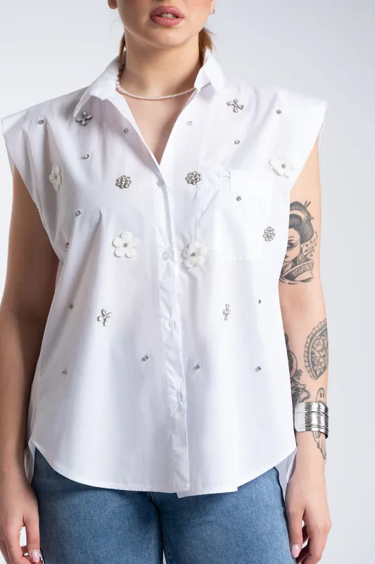 Πουκάμισο Αμάνικο Βαμβακερό Στρας Λουλούδια