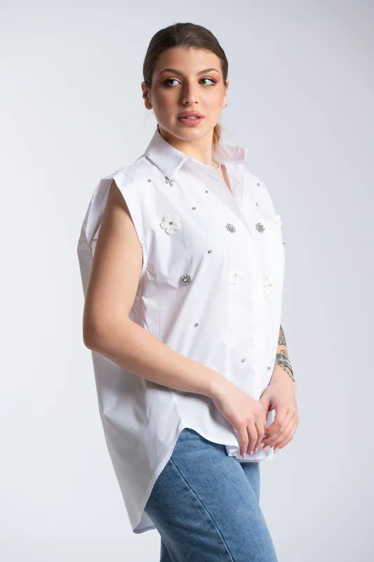 Πουκάμισο Αμάνικο Βαμβακερό Στρας Λουλούδια