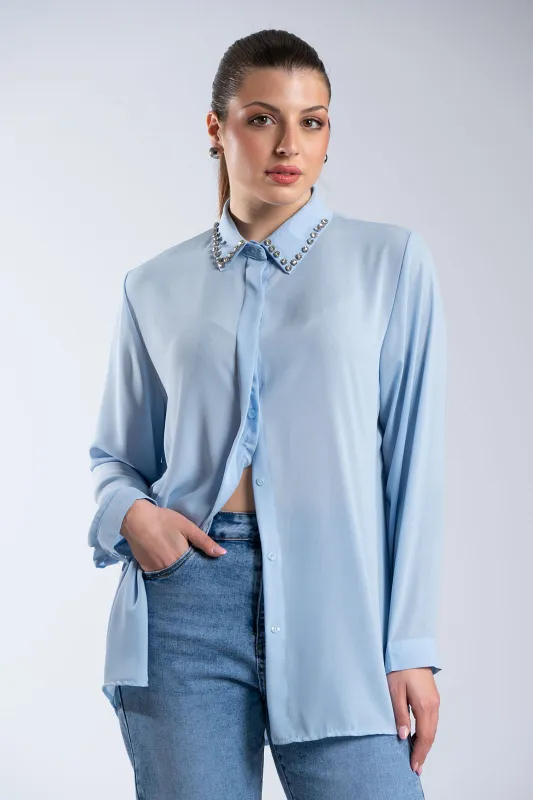 Πουκάμισο Μονόχρωμο Στρας Γιακάς