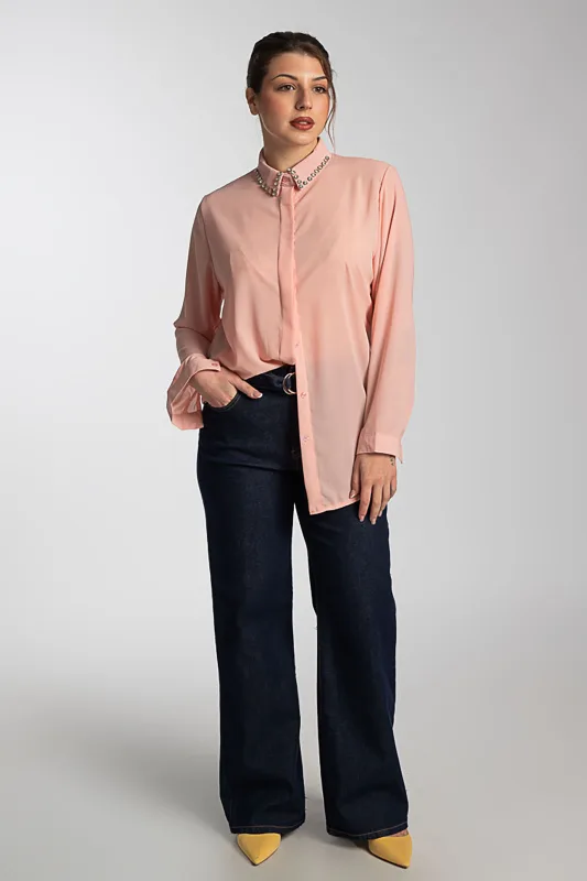 Πουκάμισο Μονόχρωμο Στρας Γιακάς