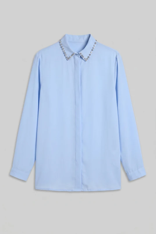 Solid-Colored Shirt Rhinestone Collar