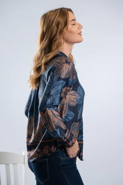 Πουκάμισο Σατέν Flowers Indigo-Navy Blue