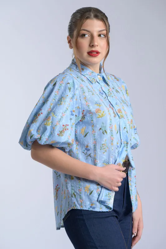 Floral Balloon-Sleeve Cotton Shirt 