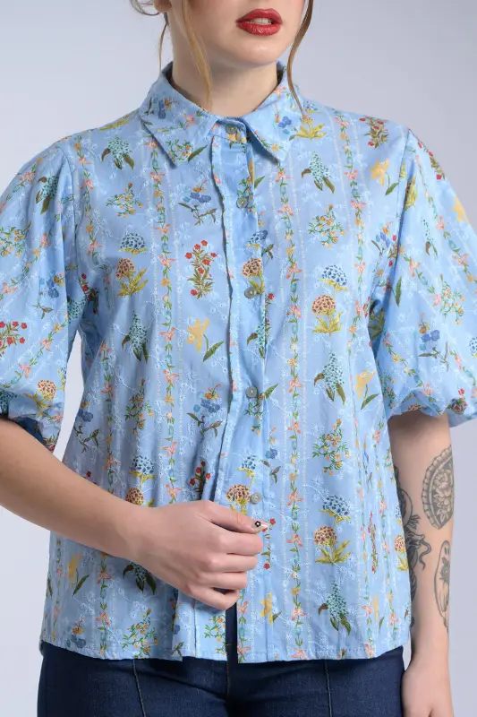 Floral Balloon-Sleeve Cotton Shirt 