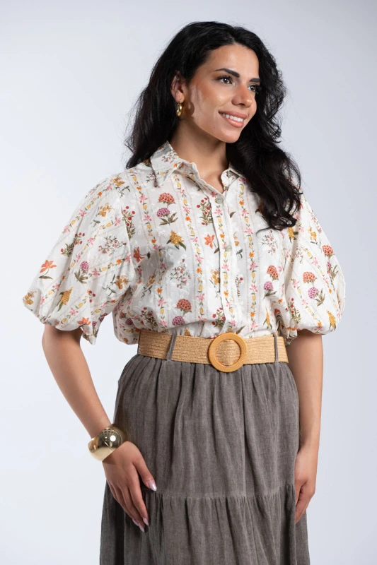Floral Balloon-Sleeve Cotton Shirt 