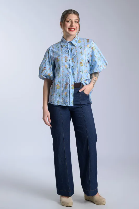 Floral Balloon-Sleeve Cotton Shirt 