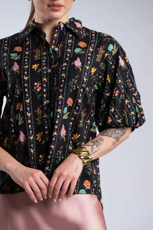 Floral Balloon-Sleeve Cotton Shirt 