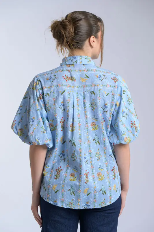 Floral Balloon-Sleeve Cotton Shirt 