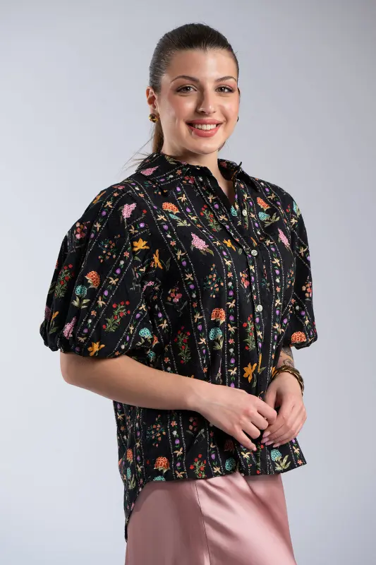 Floral Balloon-Sleeve Cotton Shirt 