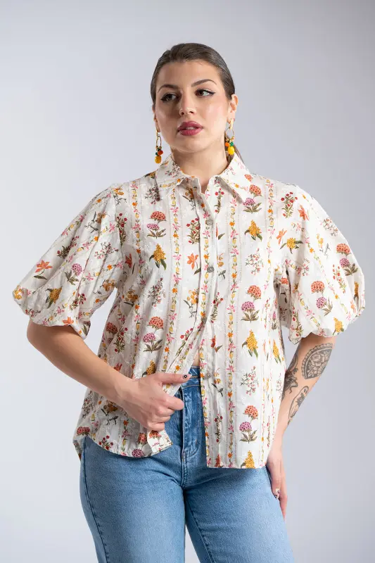 Πουκάμισο Βαμβακερό Floral Βalloon Μανίκια