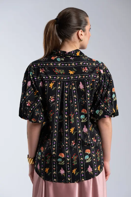 Floral Balloon-Sleeve Cotton Shirt 