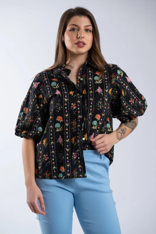Floral Balloon-Sleeve Cotton Shirt 