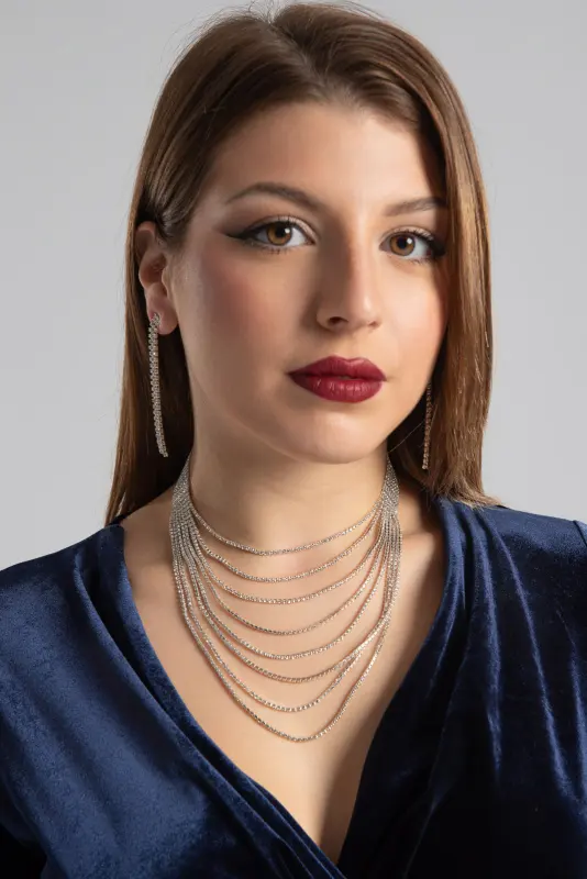 Set Necklace-Earrings Layered Rhinstones