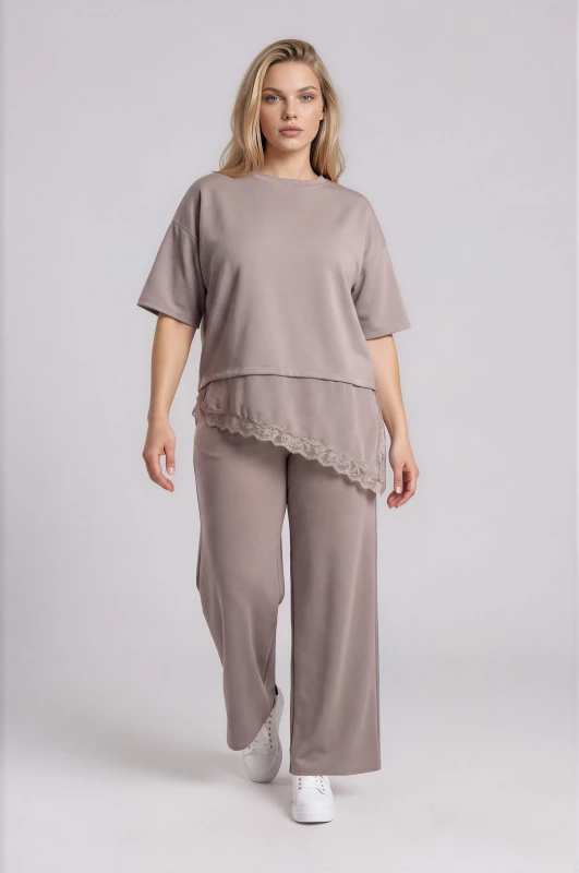 Asymmetrical Lace Trim Blouse Set