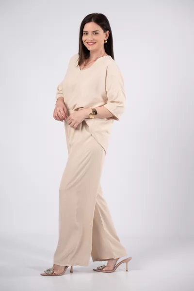 Set Blouse Pants Strass Beige