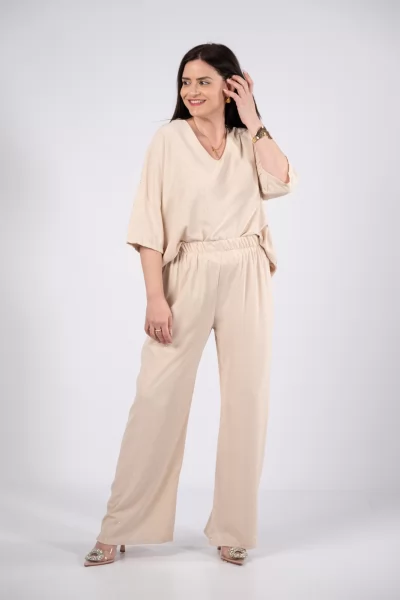 Set Blouse Pants Strass Beige