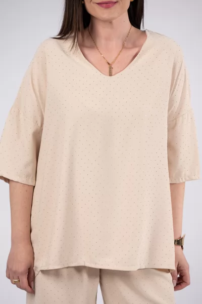 Set Blouse Pants Strass Beige