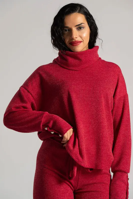 Set Blouse Turtleneck Pants Knitted