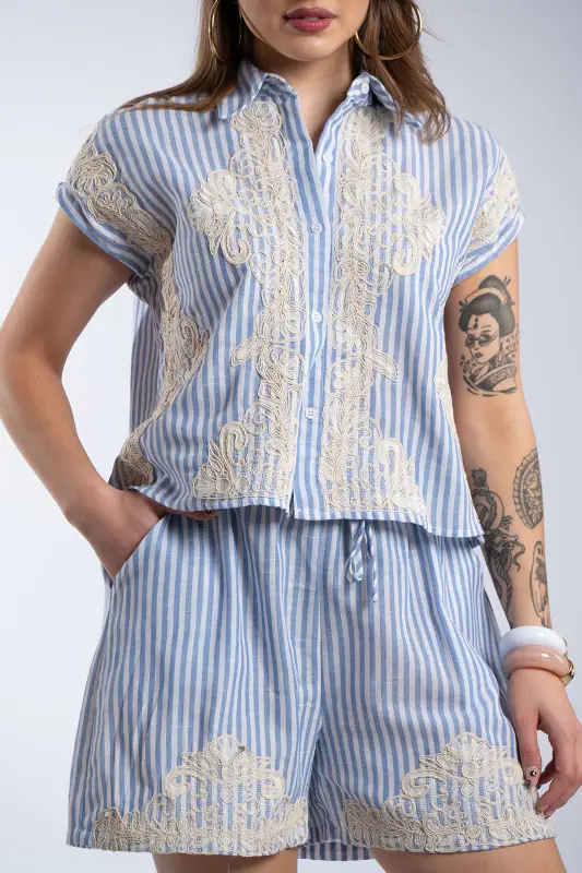 Set Shorts-Shirt Stripes Embroidery