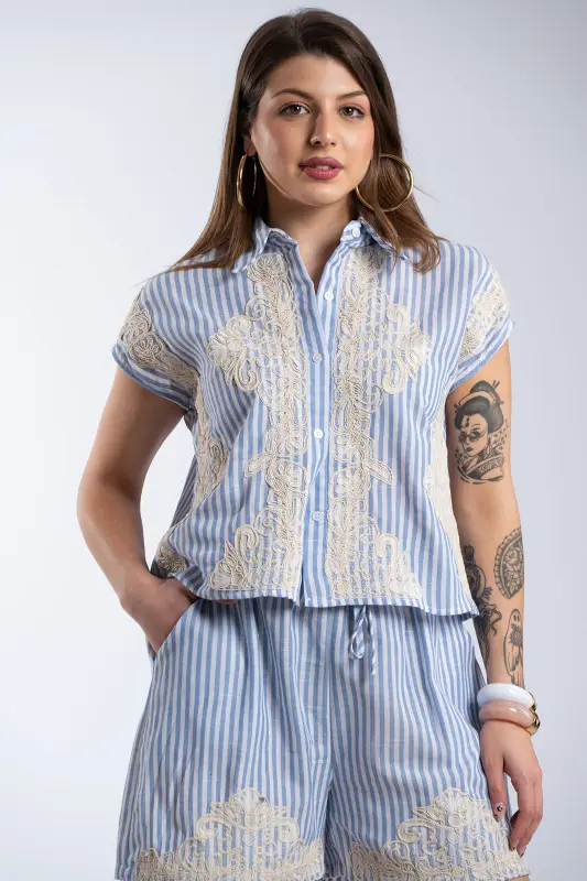 Set Shorts-Shirt Stripes Embroidery