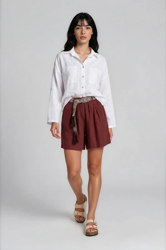 Shorts Linen Belt Pleats