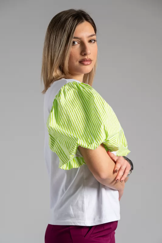 T-Shirt Balloon Sleeves Green-White