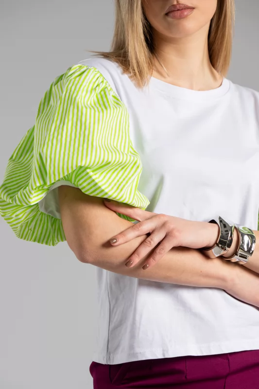 T-Shirt Balloon Sleeves Green-White