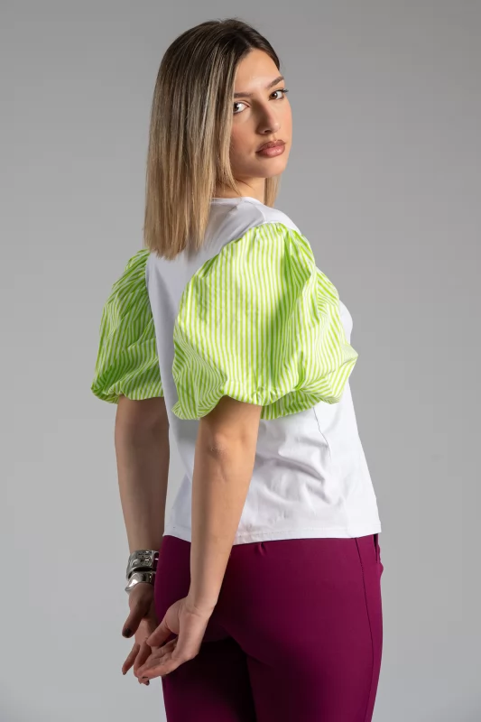 T-Shirt Balloon Sleeves Green-White