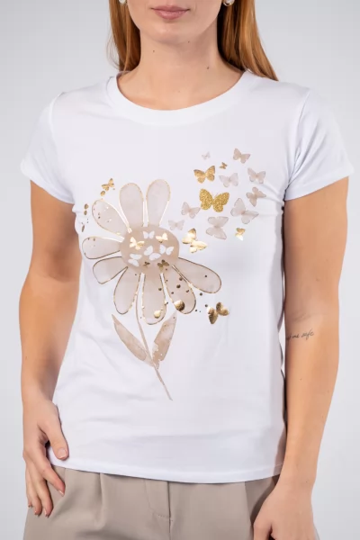 T-Shirt Butterflies Μπεζ-Λευκό