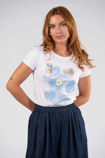 T-Shirt Καρδιές Γαλάζια-Λευκή