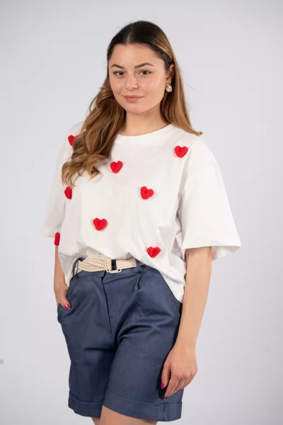 T-Shirt Καρδιές Πομ Πον Λευκό