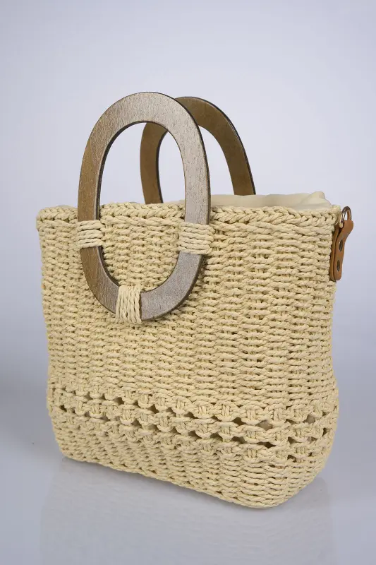 Τσάντα Ψάθινη Boho Ξύλινα Χερούλια