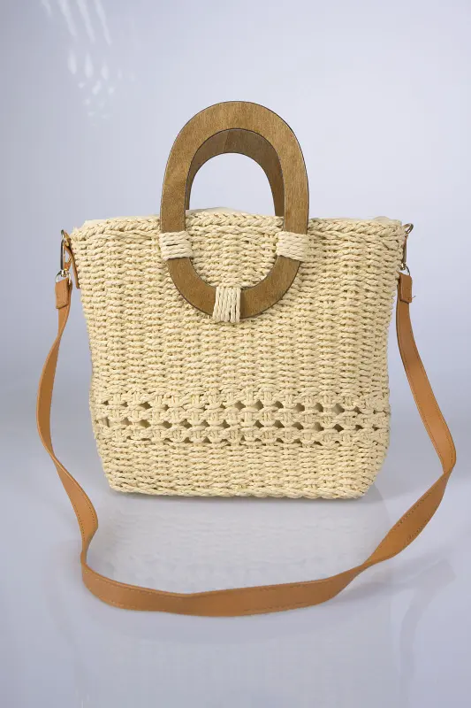 Τσάντα Ψάθινη Boho Ξύλινα Χερούλια