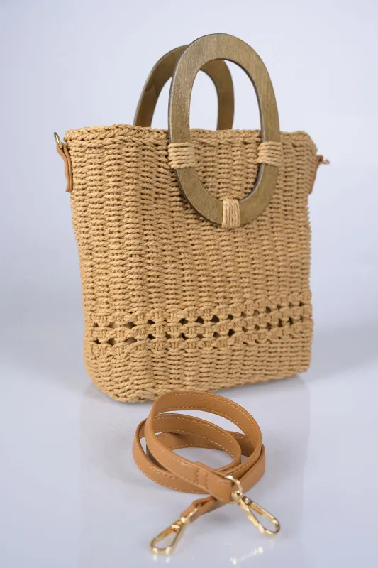 Τσάντα Ψάθινη Boho Ξύλινα Χερούλια