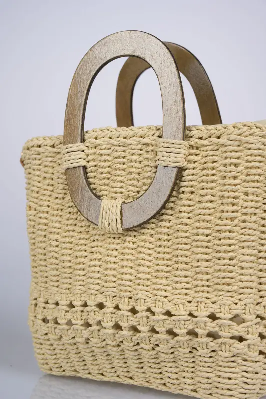 Τσάντα Ψάθινη Boho Ξύλινα Χερούλια