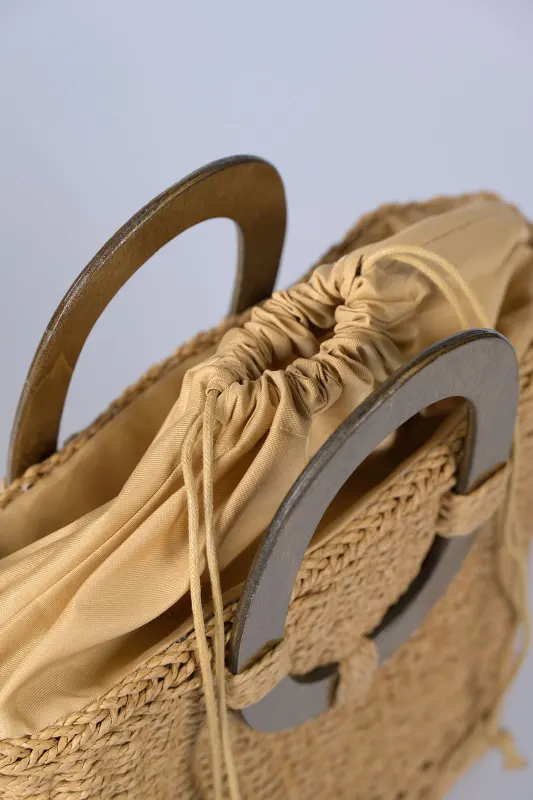 Τσάντα Ψάθινη Boho Ξύλινα Χερούλια