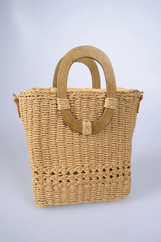 Τσάντα Ψάθινη Boho Ξύλινα Χερούλια