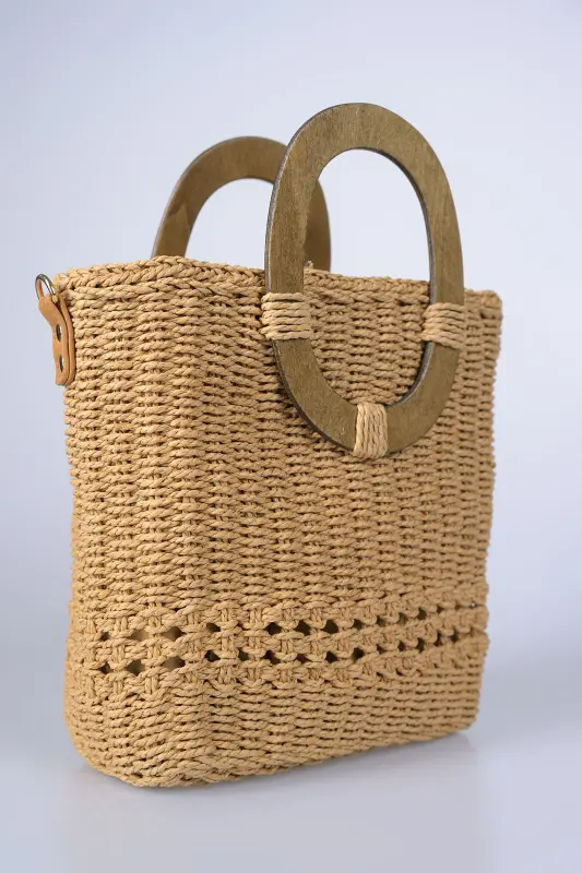 Τσάντα Ψάθινη Boho Ξύλινα Χερούλια