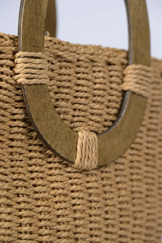 Τσάντα Ψάθινη Boho Ξύλινα Χερούλια