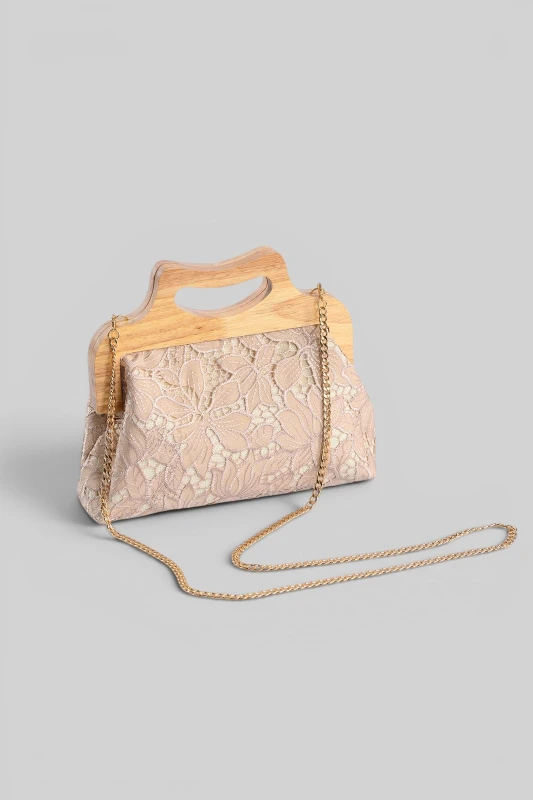 Τσάντα Ξύλινο Clutch Δαντέλα Floral