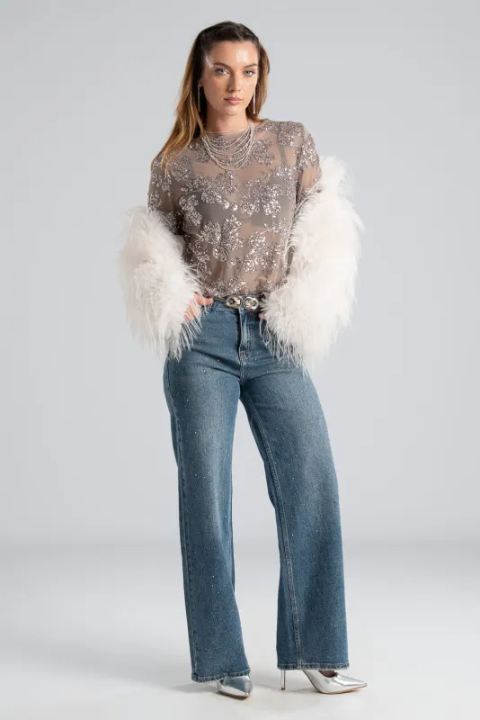 Jeans Straight Leg Strass 