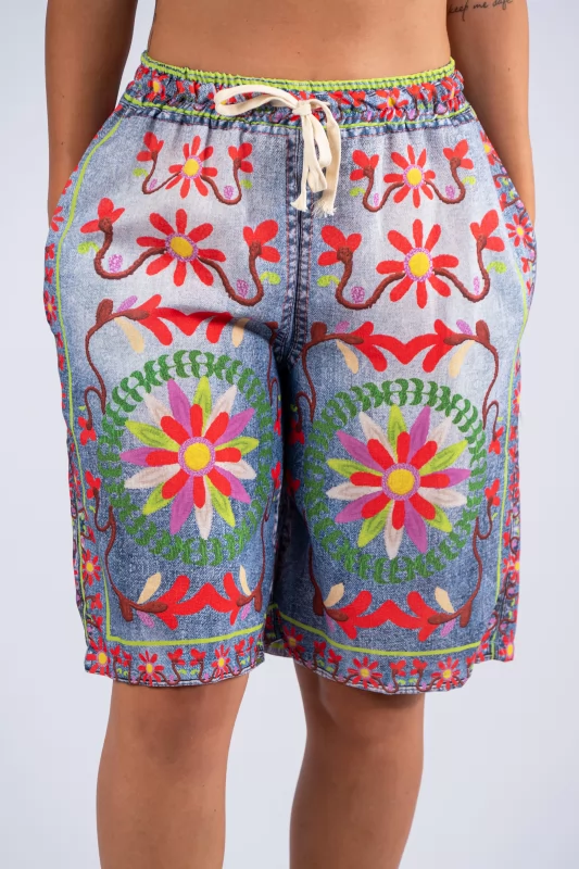 Βερμούδα Boho Floral Denim Blue