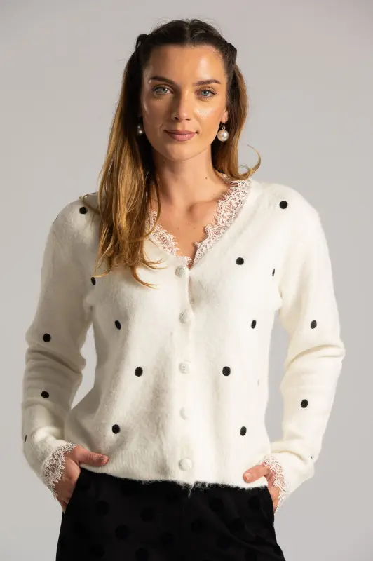 Cardigan Polka Dots Lace Neckline 